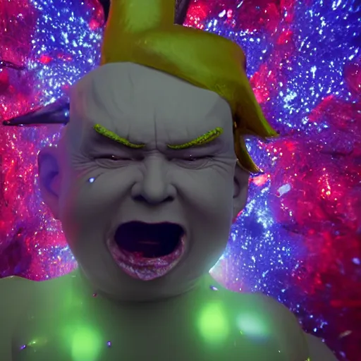 Image similar to donald trump as dipsy telletubbie full body detailed, ethereal, cyborg biomechanics, covered in blood diamonds and other gems glowing, highly detailed face, evil posed, evil expression, intricate, extremy detailed, beeple, cgsociety, 3 d unreal engine octane render. cinematic lighting, highly detailed 4 k art