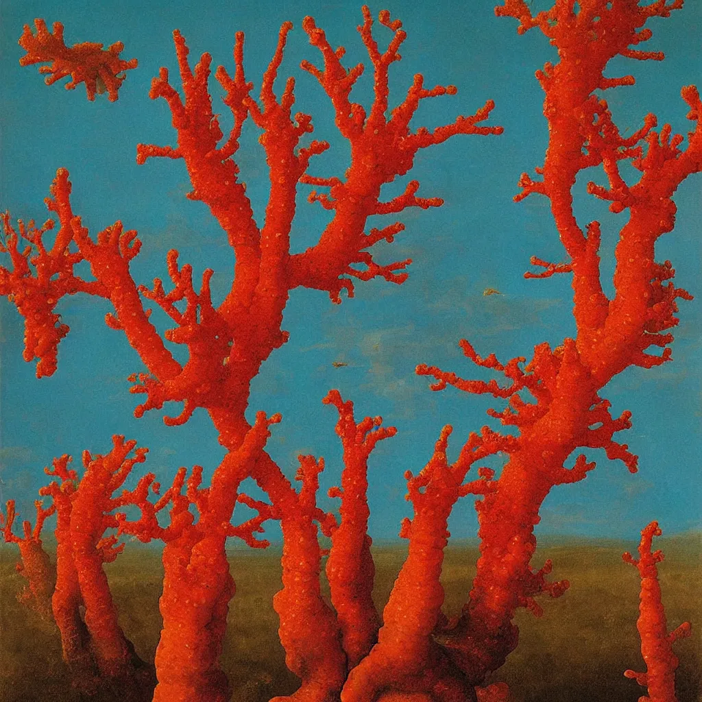 Image similar to a single! colorful! ( coral ) fungus tower clear empty sky, a high contrast!! ultradetailed photorealistic painting by jan van eyck, audubon, rene magritte, agnes pelton, max ernst, walton ford, andreas achenbach, ernst haeckel, hard lighting, masterpiece