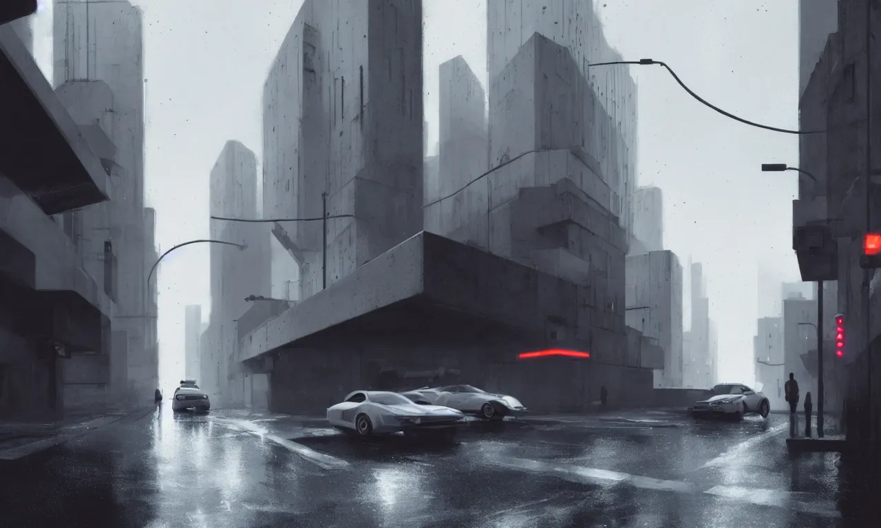 Image similar to high resolution photograph, streetscape, simple brutalist architecture, metal, concrete, wet streets, white neon lights, neon signs, flying cars, pedestrians, greg rutkowski, syd mead, ralph mcquarrie, concept art, matte painting, finely detailed, minimal artifacts, rule of thirds, dynamic lighting, cinematic, denoised, centered, artstation