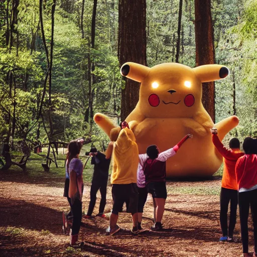 Image similar to a photograph of a group of people worshipping a giant pikachu in a forest. photo. photography. high quality. 4 k. 8 k