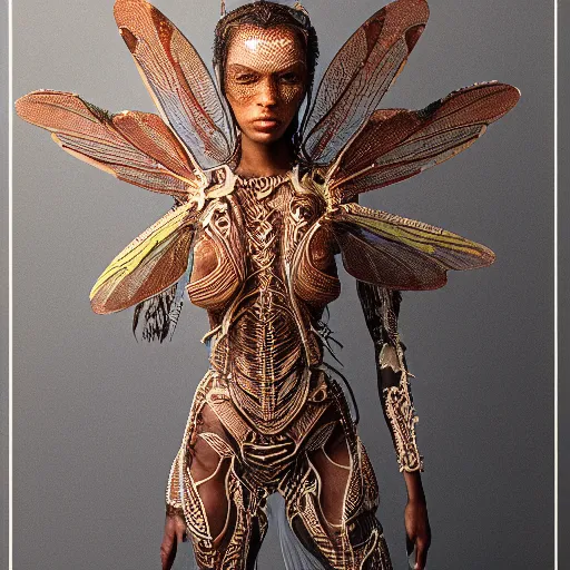 Image similar to brown woman wearing a translucent dragonfly armor. intricate. super detailed. layered. textured. award winning. dispersion of light. refracted lighting. soft. fragile.