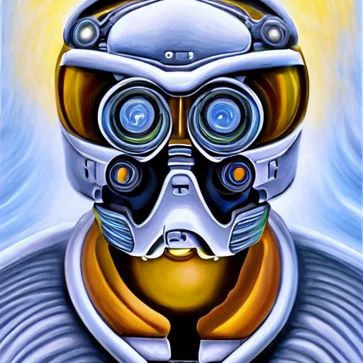 Image similar to a realistic oil painting of a bee as a cybernetic cyborg, surrealism portrait, surrealism album cover