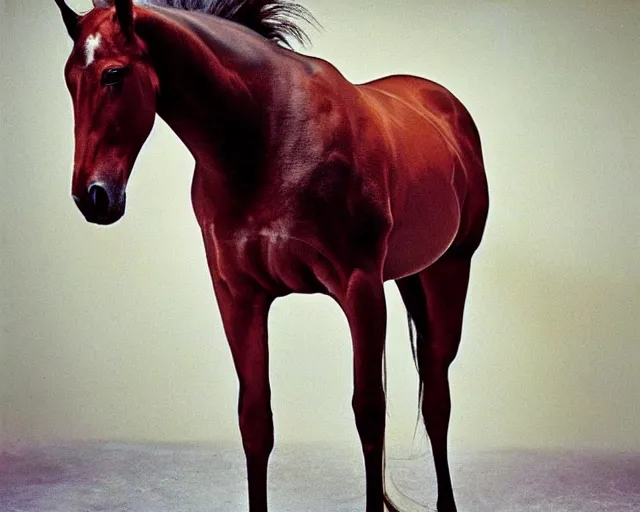 Prompt: soft lit 1990s fashion photograph of the most beautiful horse anyone has ever see, I mean this horse is so gorgeous that people cry when they see it because they're so overcome with the emotion of beholding it in all its splendor and glory. THE HORSE IS SELF AWARE