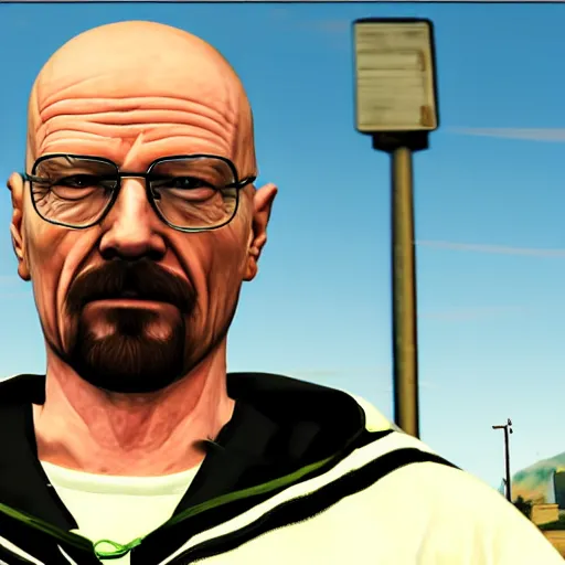 Image similar to Walter white as a grand theft auto 5 character, drug dealer