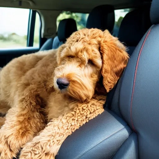 Prompt: a photo of a goldendoodle sleeping on the backseat of a car