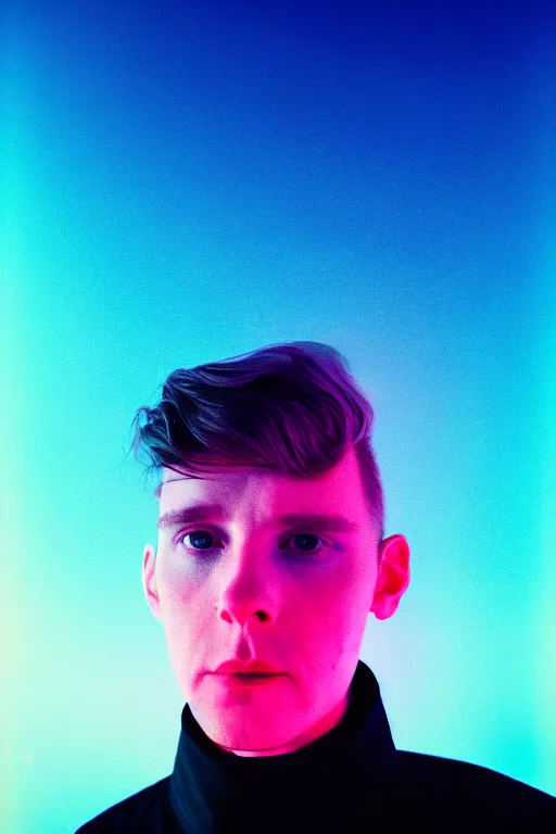 Image similar to high quality pastel coloured film wide angle selfie photograph of a plain male cyber boy standing in an icelandic black rock environment. sarcastic expression. three point light. photographic. art directed. pastel colours. volumetric light. stark. waves glitch. 8 k. filmic.