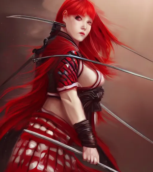Prompt: a girl with red hair holding a katana, samurai outfit, japanese clothes, ponytail, action shot, highly detailed, digital painting, artstation, concept art, smooth, sharp focus, cosplay, illustration