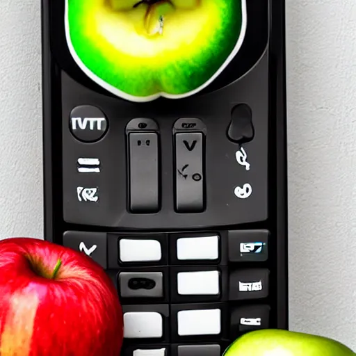 Prompt: tv remote in the shape of apple fruit