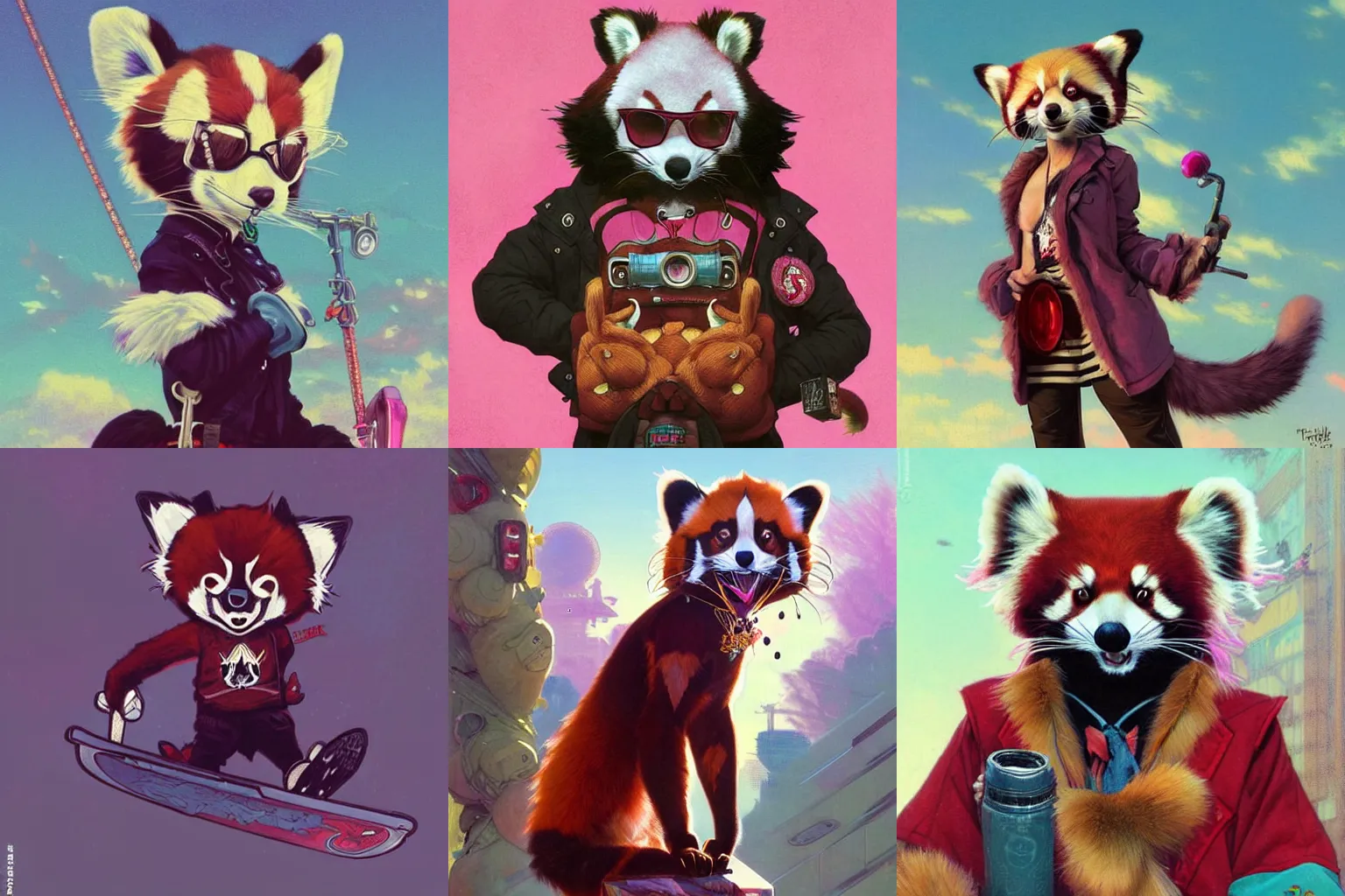 Prompt: furry anthropomorphic red panda wearing skater punk clothes. Vaporwave. Renowned character illustration by greg rutkowski, thomas kindkade, alphonse mucha, loish, norman rockwell. Trending on furaffinity. Digital Art.