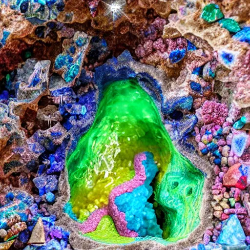 Image similar to dinosaur skeleton inside a geode of multi-colored crystals