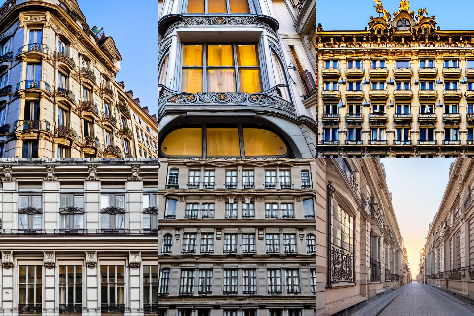Prompt: High-quality DSLR photography of the facade of a beaux-arts style flat in Brussels at dawn, art nouveau, designed by Charles Garnier, wide-angle, warm lighting, long shadows, beams of sunlight.