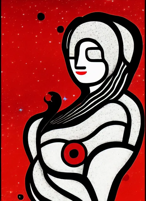 Prompt: highly detailed portrait of a hopeful pretty astronaut lady with a wavy blonde hair, by Jamini Roy , 4k resolution, nier:automata inspired, bravely default inspired, vibrant but dreary but upflifting red, black and white color scheme!!! ((Space nebula background))