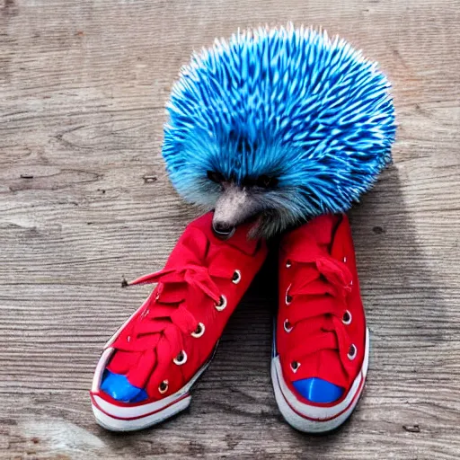 Image similar to photo of a realistic blue hedgehog wearing red shoes