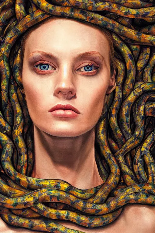 Image similar to hyperrealism oil painting, close - up portrait of face from a tangle of snakes fashion model, knight, street art gradient mixed with nebula sky, in style of baroque