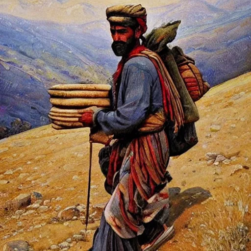 Prompt: kurdish kolbar man walking up a mountain carrying lots of goods on his back, beautiful painting by henry justice ford, incredible detail, award winning art