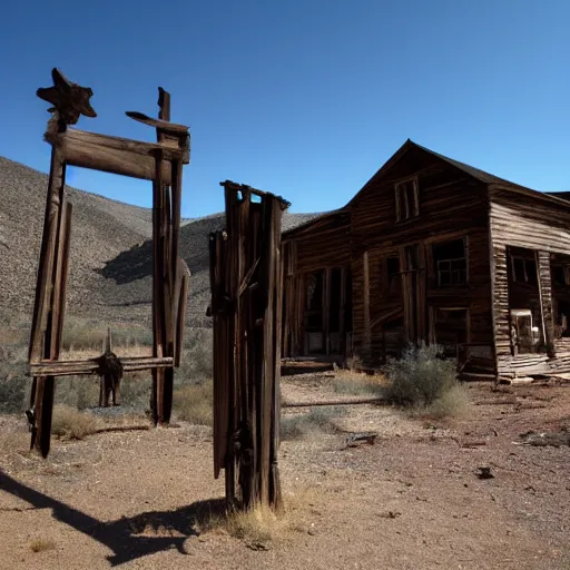 Image similar to old west ghost town, skeletal remains, eerie