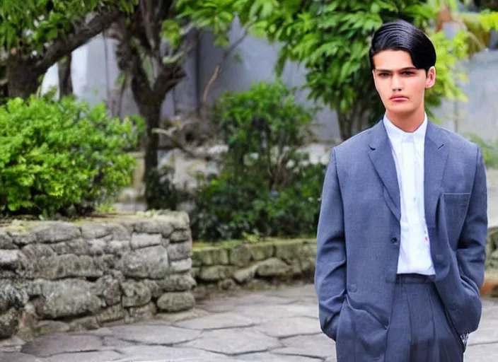 Image similar to outdoor medium close shot of a very very very very extremely handsome!!! good looking young man in 2 0 2 2 with the face of jose rizal!!! hair like jose rizal, eyes like jose rizal and wearing modern clothes photo taken in 2 0 2 2, 3 5 mm f 1. 4 digital color photography