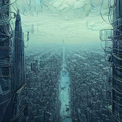 Prompt: “ looking down at a futuristic new york city below, ghostpunk, fog, storm clouds, rain, extremely detailed, by james jean ”