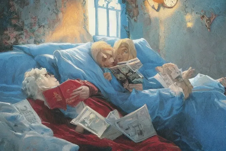 Image similar to portrait of dolly parton reading a bedtime story to jim carrey in bed, an oil painting by ross tran and thomas kincade