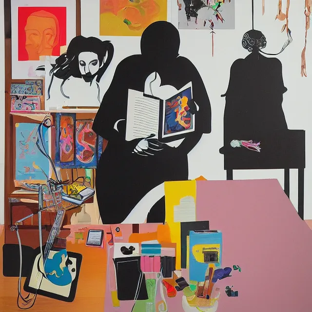 Image similar to a portrait in a female art student's bedroom, black walls, a woman reading das kapital, pancakes, sheet music, electric guitar, surgical supplies, ikebana, sensual, octopus, neo - expressionism, surrealism, acrylic and spray paint and oilstick on canvas