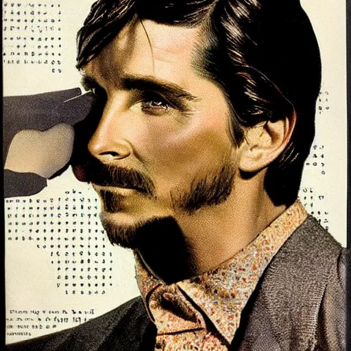 Image similar to “Christian Bale portrait, color vintage magazine illustration 1950”