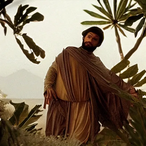 Prompt: cinematic still of hiding middle eastern skinned frightened man wearing fig leaves for clothing, paradise background, from Biblical epic by Steven Spielberg