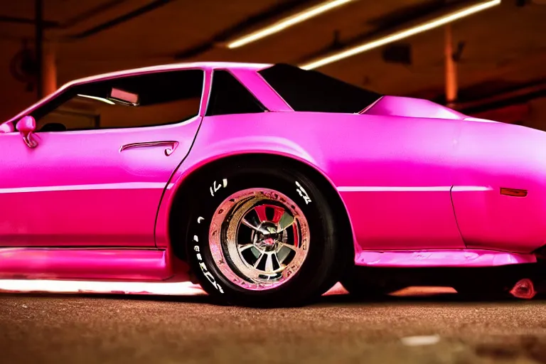 Prompt: pink pontiac firebird trans - am with flames drawn on the chassis, sunrise, cinematic, sunbeams, volumetric lighting, wide shot, low angle, lightning storm hitting the car