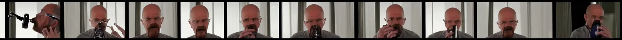 Image similar to 8 consistent frames from a video showing walter white drinking from a water bottle