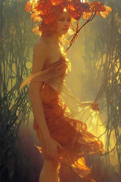 Image similar to glossy liquid honey drops flowing like translucent amber, backlit, sunset, refracted lighting, art by collier, albert aublet, krenz cushart, artem demura, alphonse mucha