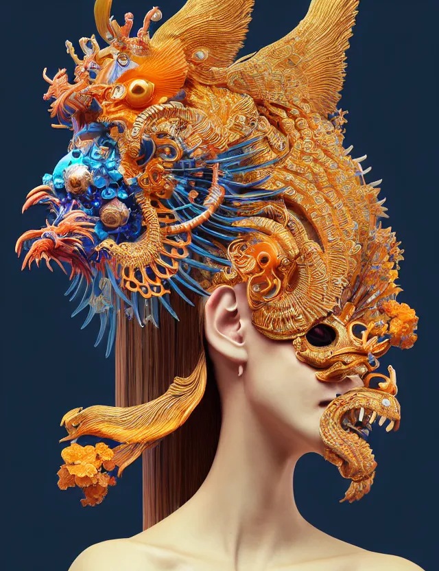 Image similar to 3 d goddess close - up profile portrait with crown, ram skull. beautiful intricately detailed neon japanese crow kitsune mask and clasical japanese kimono. betta fish, jellyfish phoenix, bio luminescent, plasma, ice, water, wind, creature, artwork by tooth wu and wlop and beeple and greg rutkowski