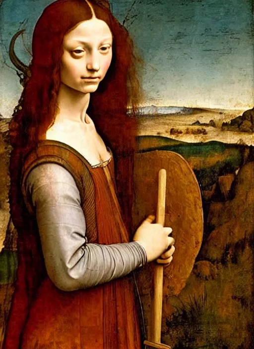 Image similar to renaissance portrait of a girl with long hair and demon wings in front of a post - apocalyptic landscape, art by leonardo da vinci, raffaello, donatello