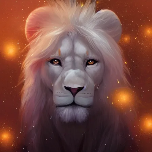 Image similar to aesthetic portrait commission of a albino male furry anthro lion surrounded by small glowing sparkles and wearing white glowing cloak in an empty pitch black room illuminated by the glowing cloak, Character design by charlie bowater, ross tran, artgerm, and makoto shinkai, detailed, inked, western comic book art, 2021 award winning painting