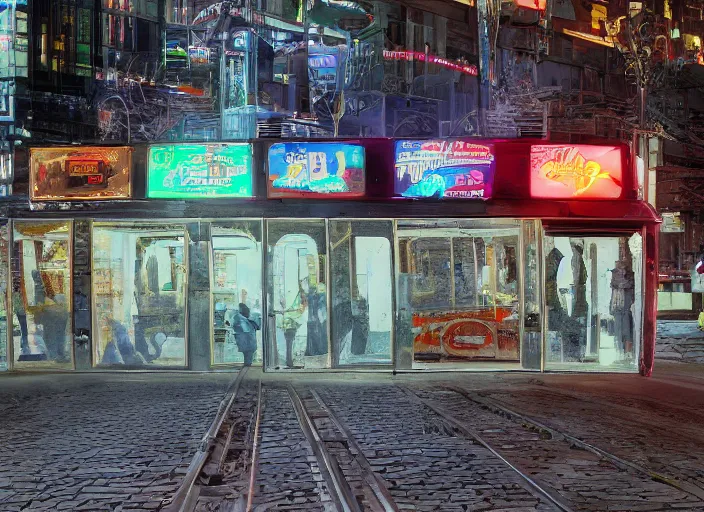 Image similar to trolleybus stands at a stop, headlights shine with neon light, atmospheric, futuristic, cyberpunk, ray tracing global illumination, 8 k resolution, ultra detailed