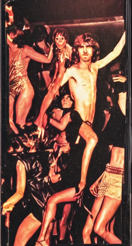 Prompt: antichrist dancing at Studio 54, disco, bright lights, 1976, bad color vhs