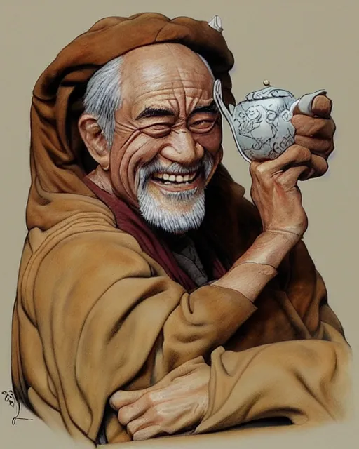 Image similar to real life Uncle Iroh smiling, drinking tea, beautiful, very detailed, hyperrealistic, medium shot, very detailed painting by Glenn Fabry, by Joao Ruas