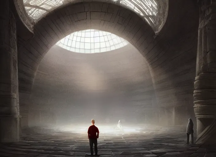 Prompt: interior of the temple of the moon, man standing in front of a huge circular window around volumetric lighting, rays of god, digital painting, highly detailed, artstation, sharp focus, illustration, concept art, ruan jia, steve mccurry, amazing composition