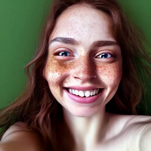 Prompt: beautiful hyperrealism hyperdetailed selfie of a cute young woman smiling softly, long light bronze brown hair, cute freckles, flushed face, red blush, soft features, emerald green eyes, 8 k, sharp focus,