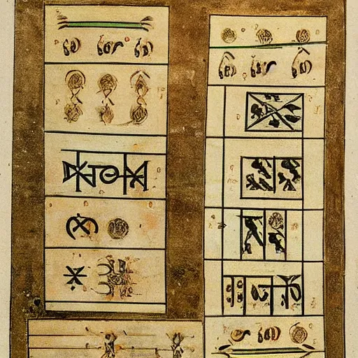 Image similar to page of ancient manuscript diagrams detailed intricate symbols runes crisp features