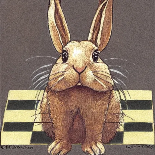 Prompt: a rabbit sitting on a chessboard, in the style of carl larsson