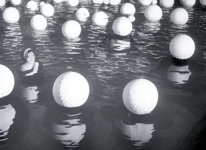 Image similar to realistic photo of a group of common girls in white tights, wearing white spherical helmets, spherical hats, in a big pool with dark black oil water, in a center of the pool with grey black mercury oil water, the sky is grey 2 0 0 0, life magazine photo,