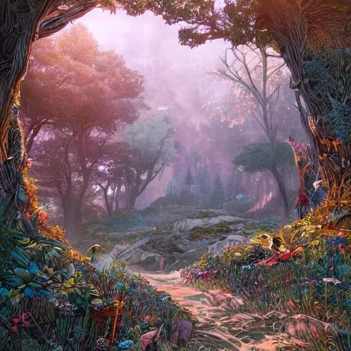 Prompt: beautiful, wistful, aesthetic landscape of an open forest, illustration by kim jung gi, rainbow colored, extremely detailed, intricate linework, sharp focus, bright colors, octopath traveler, unreal engine 5 highly rendered, global illumination, radiant light, detailed and intricate environment