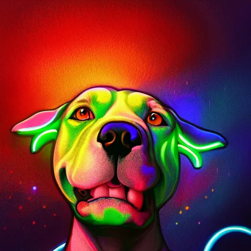 Image similar to psychedelic pit bull magic, at gentle dawn neon light, highly detailed, artistic composition, sharp focus, intricate concept art, digital painting, colorful flat surreal design, hd, 8 k, artstation, ambient lighting