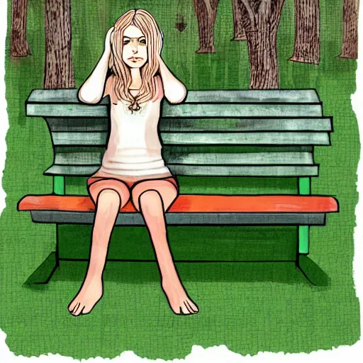 Prompt: an illustration of a young woman with long blond hair sitting on a green bench with her head in her hands, digital art, deviant art