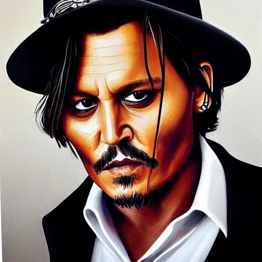 Prompt: portrait of johnny depp as a mafia boss, smoking a cigar, no hands showing, amazing detail, award winning, realism painting