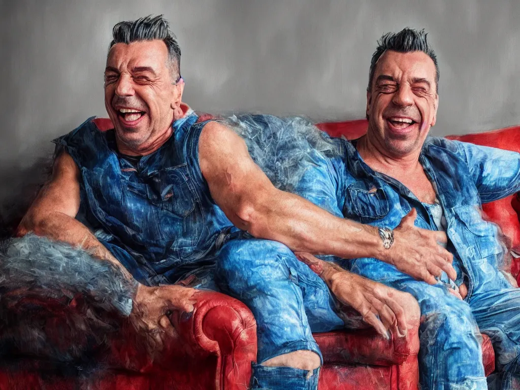 Image similar to extremely detailed digital painting of till lindemann sits on the couch with grandmother and laughing, stunning scene, 4 k, realism, bright colors, trending on artstation