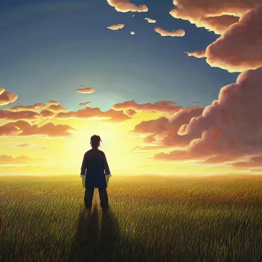 Image similar to a painting of a man standing in a field at sunset, a detailed matte painting by makoto shinkai, cgsociety, neo - primitivism, anamorphic lens flare, matte painting, global illumination