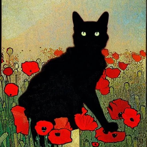 Image similar to a masterpiece painting by mucha exposed at the louvre : black cat taking the sun in a poppy field with a red sunset in the background, very detailled, crisp details, featured in artscape