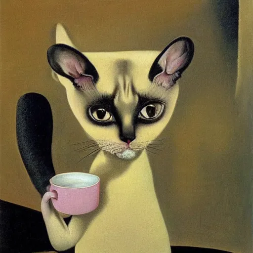 Prompt: A portrait of a siamese cat that has a long neck drinking coffee, oil painting by Salvador Dali