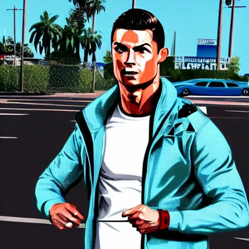 Prompt: Cristiano Ronaldo in a GTA 5 loading screen, concept art by Anthony McBain