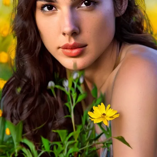 Prompt: photo of the beauty gal gadot, she is posing while maintain a sweet eye contact to the camera, she has a crown of flowers, the photo was taken at sunset with a bokeh effect, photo by edward steichen, photorealistic, matte painting, hyper realistic, 4 k, 8 k, cinematic composition, hd, highly detailed, trending on artstation